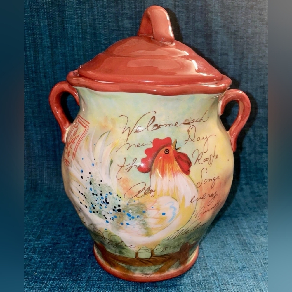 Handcrafted Ceramic Rooster Jar in Red and Cream